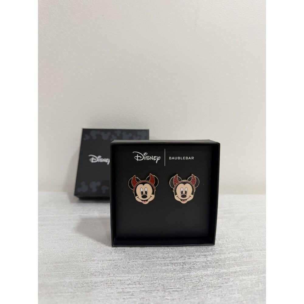 Disney Baublebar Mickey Mouse Red Devil Horns Enamel Stud Earrings Halloween NIB - Picture 2 of 6
